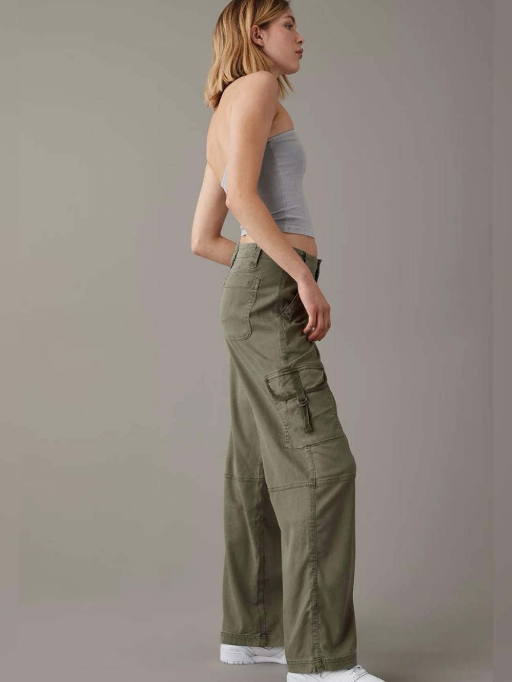 American Eagle Super High Rise Baggy Wide Leg Cargo Utility Olive Pants 2